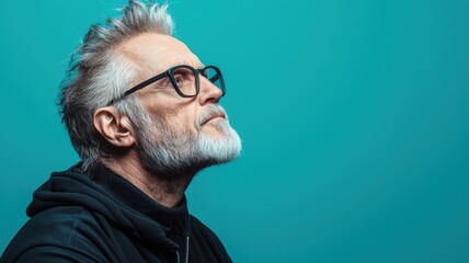 Obraz premium A mature man with glasses and styled gray hair gazes upward against a turquoise background, exuding confidence and wisdom.
