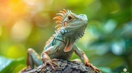 Obraz premium A close-up picture of a vibrant chameleon perched on a branch with lush green leaves in the background.