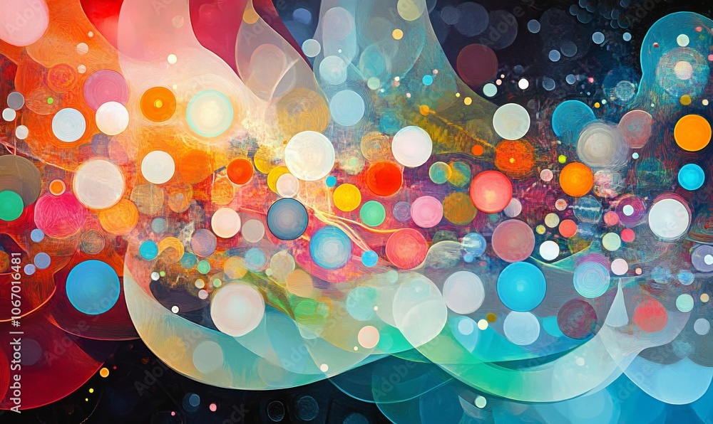 Poster conceptual digital painting of network of interconnected shapes, showcasing blend of technology and 