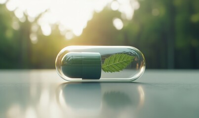 creative representation of health, featuring capsule with green leaf inside, symbolizing connection between nature and wellness.