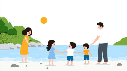 Summer seaside scene, family in water, playful drawing