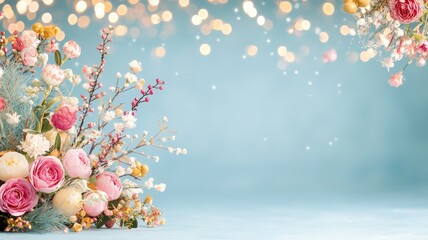 A vibrant floral arrangement with softly colorful flowers against a dreamy blue background, adorned with sparkling bokeh lights.