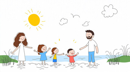 Fototapeta premium Simple children’s drawing, family at seaside