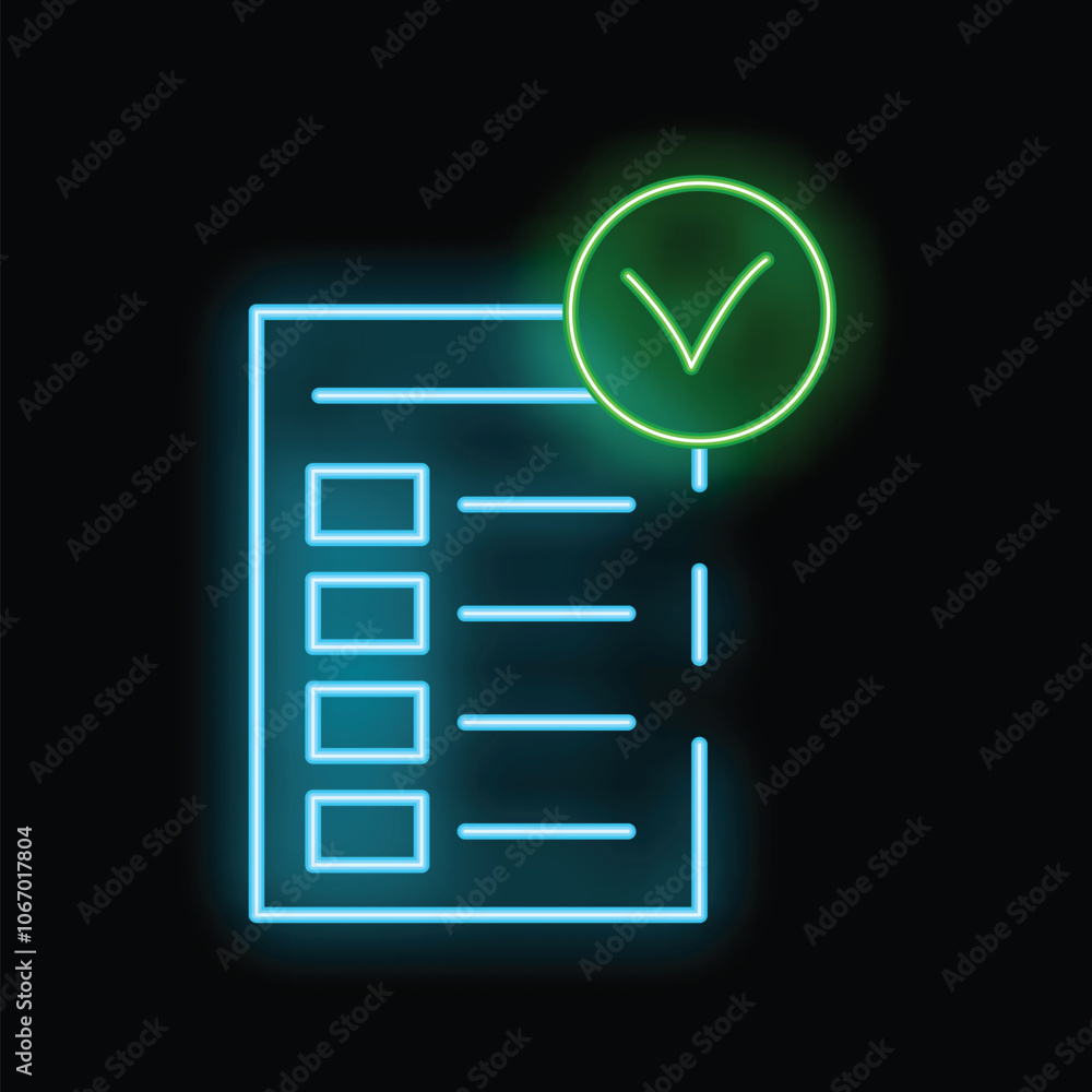 Poster glowing neon icon representing a clipboard with a checklist and a check mark symbol, conveying a con
