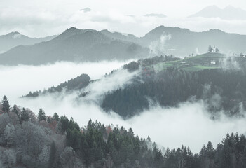 St Thomas Church, Rateče, Slovenia In The Morning Mist