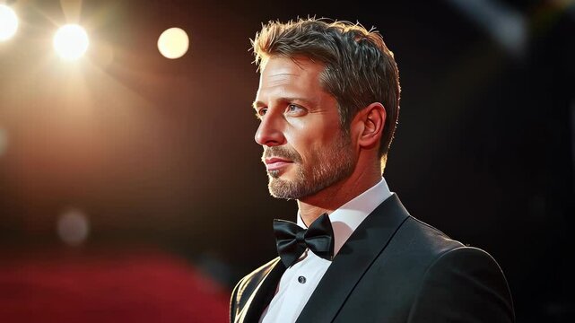 A man in a tuxedo stands on a red carpet, looking away from the camera, under bright lights