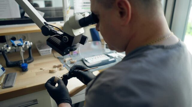 professional laboratory for the production of dental protozoa veneers and crowns male specialist polishes the shape of tooth through magnifying lenses