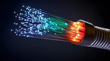 A close-up of a fiber optic cable with glowing strands of light emanating from it.