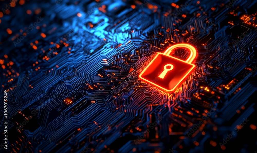 Aufkleber cybersecurity concept with a glowing red lock symbolizing data protection and privacy in the digital