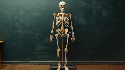 Skeleton Model in Front of Chalkboard in Classroom