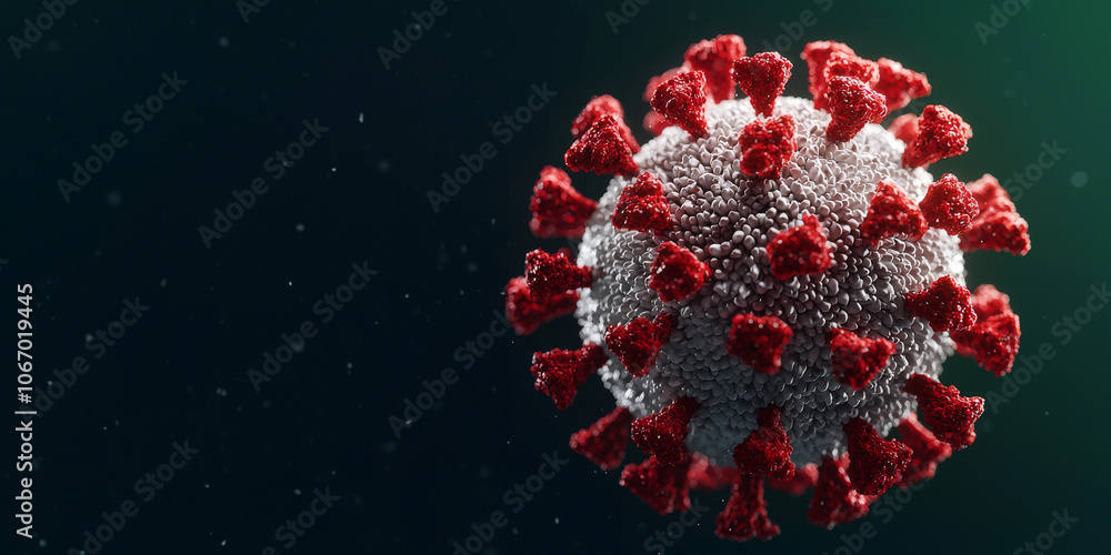 Poster a detailed 3d rendering of a coronavirus particle illustrating spikes and texture against a dark bac