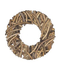 A wreath of wooden branches, a round wooden wreath. Watercolor brown wreath,New Year's decor for the holiday.Christmas wreath.