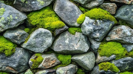 A close-up of a mossy stone wall with gray rocks and green moss growing on the surface.