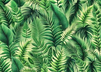 Explore the beauty of intertwining leaf patterns featuring lush green ferns and tropical leaves in a seamless design