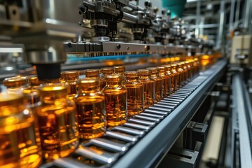 Naklejka premium Bottling process, amber glass vials on conveyor belt in factory setting