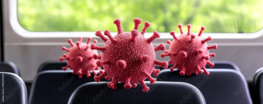 Poster a surreal depiction of virus models placed on bus seats, highlighting the ongoing challenges of publ