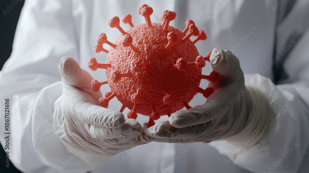 Poster a scientist holds a detailed 3d model of a virus, showcasing its structure and characteristics in a 