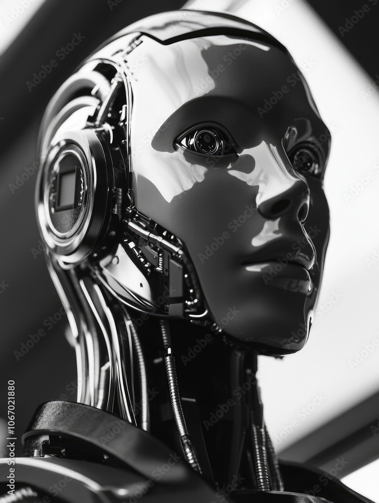 Poster the head of a robotic figure with artificial intelligence components.