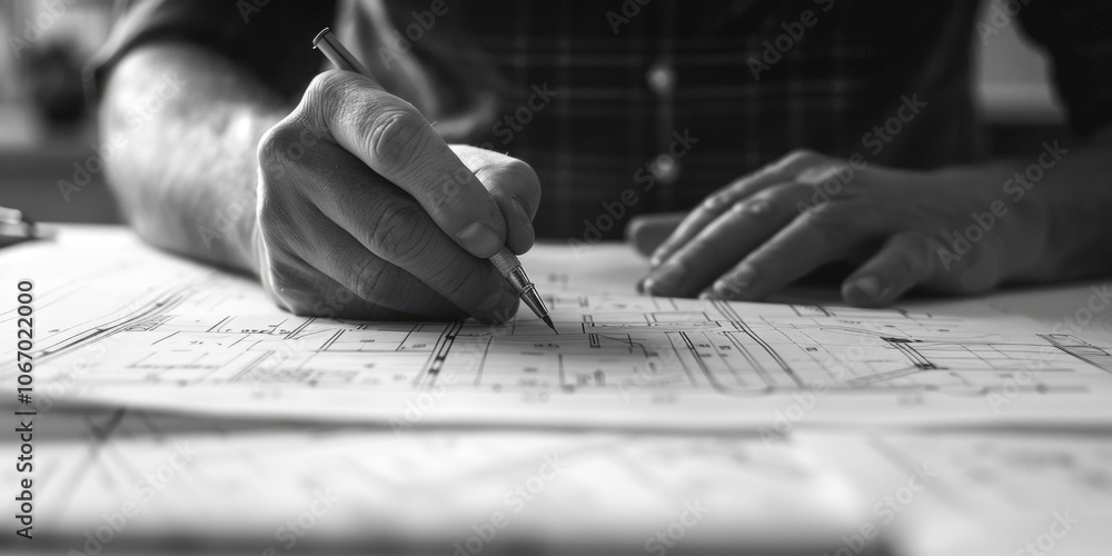 Poster an engineer meticulously working on technical drawings at his desk, illustrating precision and atten