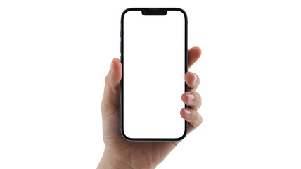 hand holding smart phone, modern smartphone with transparent screen in left hand on transparent background, smartphone in hand, png mockup for any background and any image on the screen