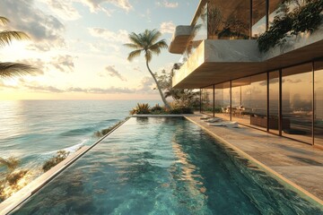 Obraz premium Luxurious infinity pool overlooking a tropical beach at sunset, palm trees swaying in the breeze. Generative AI