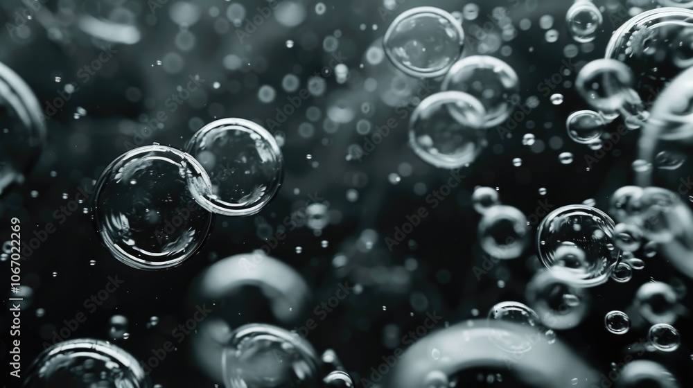 Poster a collection of bubbles floating in a pool of water, with light refraction creating an aesthetic eff