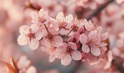 Obraz premium Delicate pink cherry blossoms in soft focus, evoking a serene spring ambiance perfect for nature-inspired designs