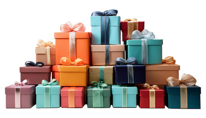 Obraz premium Stack of Colorful Gift Boxes with Ribbons on Transparent Background