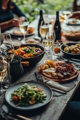 People sharing food and drink in a relaxed atmosphere with a scenic background.