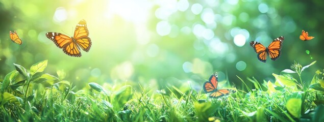 Butterflies in a Sunny Meadow with Green Grass