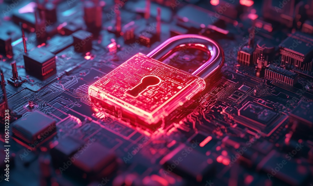 Poster cybersecurity concept with a glowing red lock symbolizing data protection and privacy in the digital
