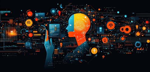 Digital technology concept with a hand touching a digital screen and icons of a head, gears, and a target on a dark background. 