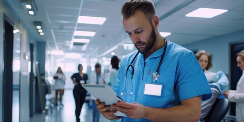 Doctor using a tablet for patient information. Modern, professional, clinical setting in hospital.