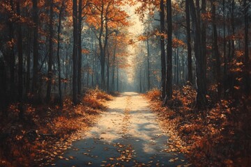 Obraz premium Rustic autumn forest path covered with golden leaves. Generative AI