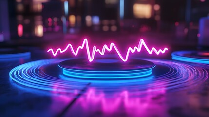 A glowing neon pink soundwave graphic above a futuristic, circular stage with blue light rings in the background of a city lights.