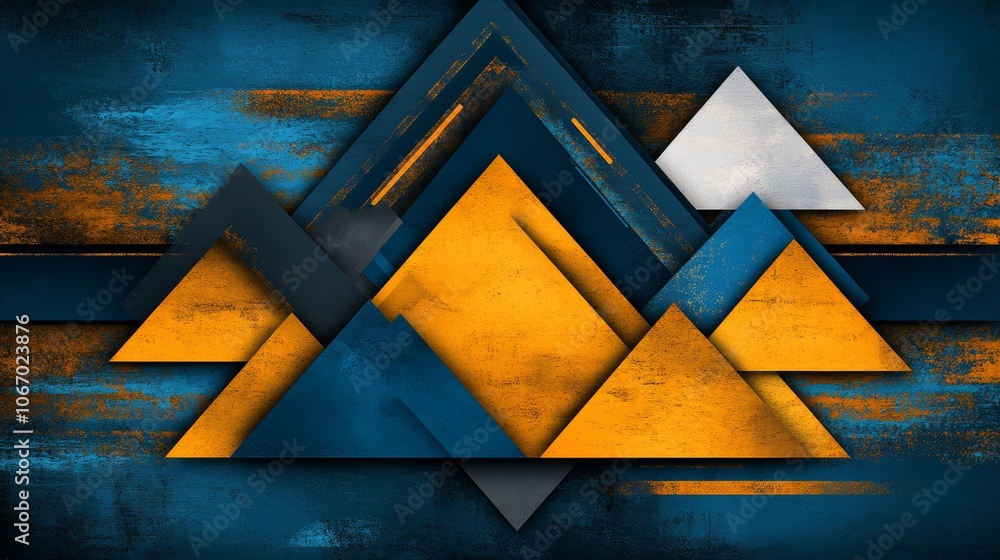 Poster dynamic interplay of blue and yellow triangles in an abstract geometric composition, ideal for moder
