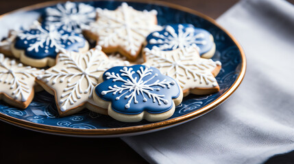 Elegant navy and white snowflake cookies on dark plate