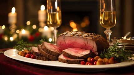 Perfect medium rare roast beef with wine and cranberries