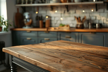 Wooden countertop on the background of a modern kitchen.