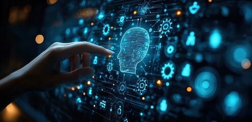 Hand touching a digital screen with icons of a head, gears, and people on a dark background. This digital marketing concept represents business process management or AI technology. 