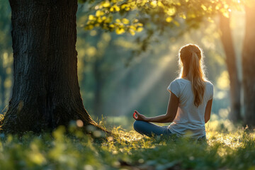 A young woman practices yoga meditation in nature at sunset, gaining inner peace and awareness