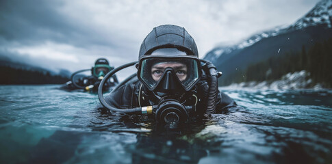 A man in a diving suit looks at the camera. A driver that floats to the surface after diving. Scuba diver comes out of a mountain lake.
