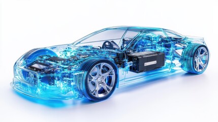 futuristic car with transparent bodywork reveals its internal structure, showcasing advanced technology and electric components. sleek design highlights innovation in automotive engineering