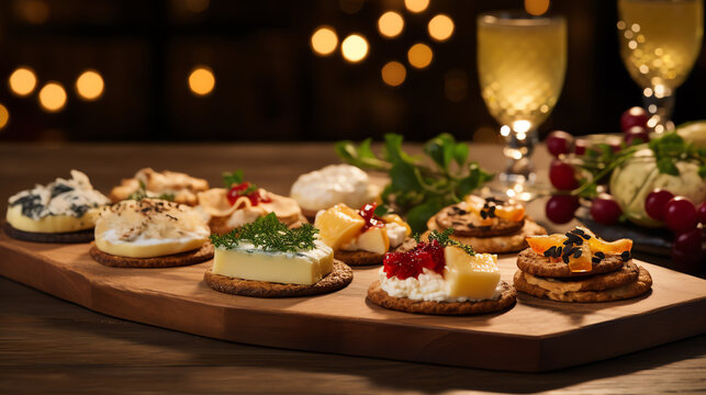 Variety of gourmet holiday canapés with wine glass