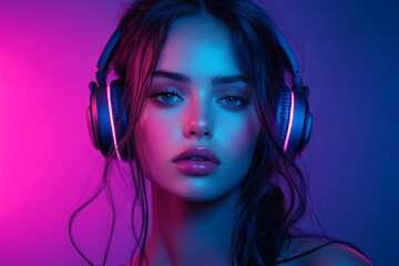 Stylish young woman enjoys music in wireless headphones under bright neon lighting