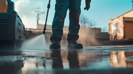 Fototapeta premium worker uses high pressure washer to clean outdoor surface, creating reflections on wet ground. scene captures dynamic motion and efficiency of cleaning process