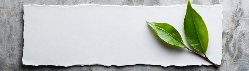 Closeup of a single green leaf on blank white paper, study in natural simplicity and contrast