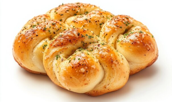 Delectable homemade garlic bread knots on white background