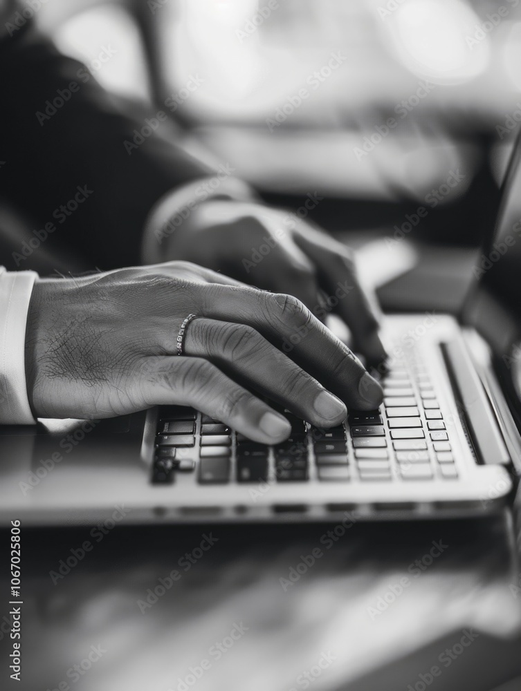 Poster a business professional working at a desk with a computer, typing proficiently.
