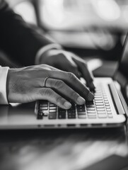 A business professional working at a desk with a computer, typing proficiently.